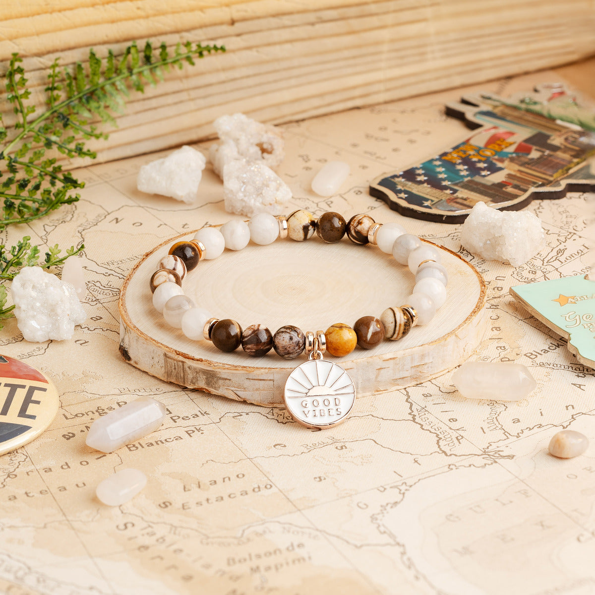 Bamboo Leaf Agate & White Agate 'Good Vibes' Bracelet