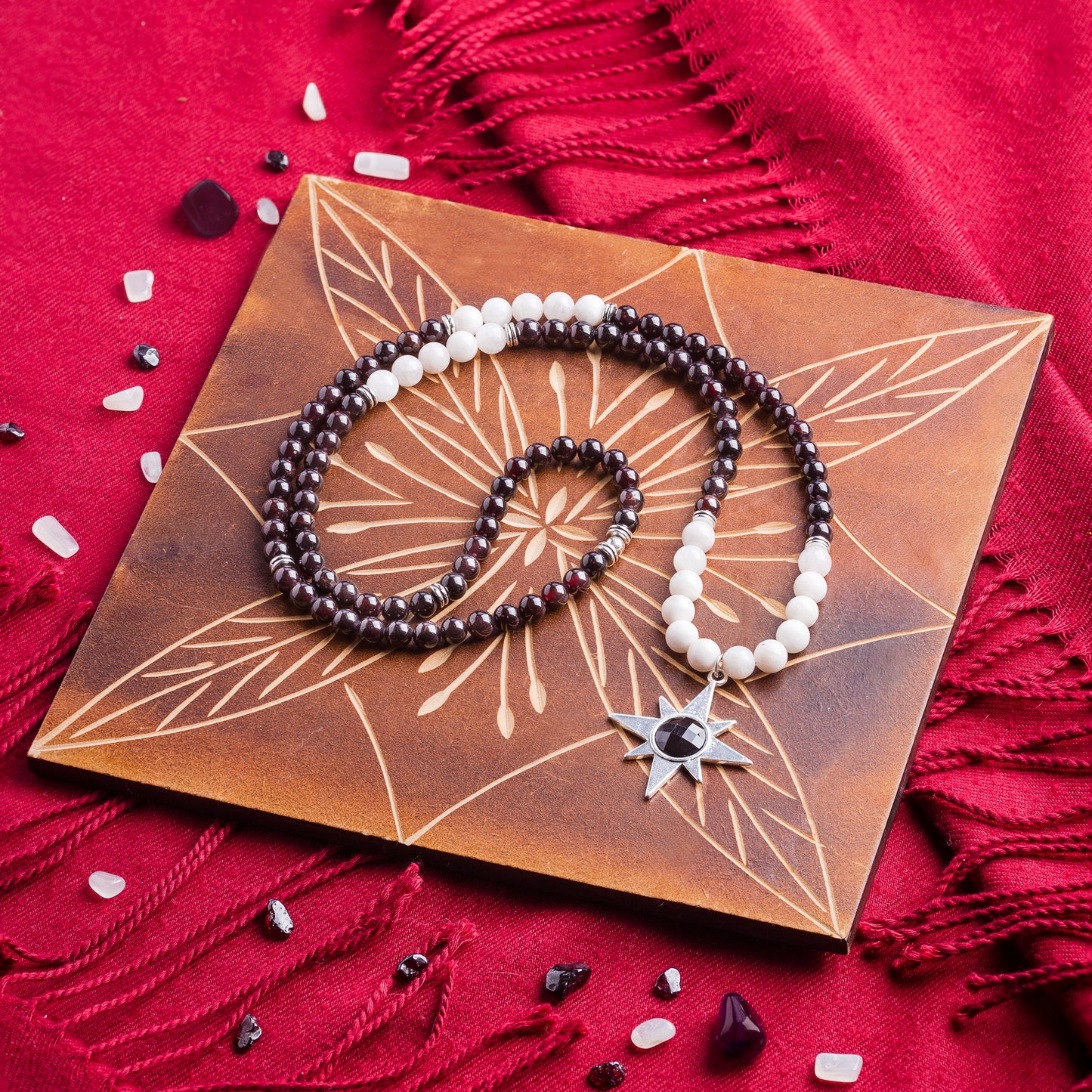 Garnet & Moonstone 'North Star' 108 Bead Mala