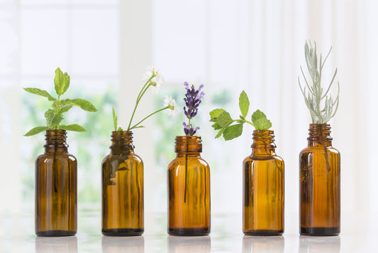 Five bottles of essential oils.