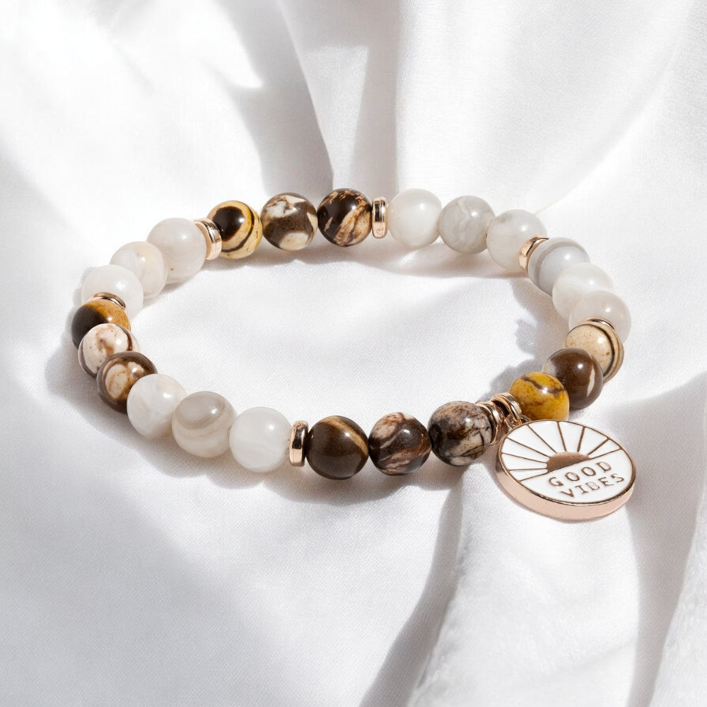 Bamboo Leaf Agate & White Agate 'Good Vibes' Bracelet