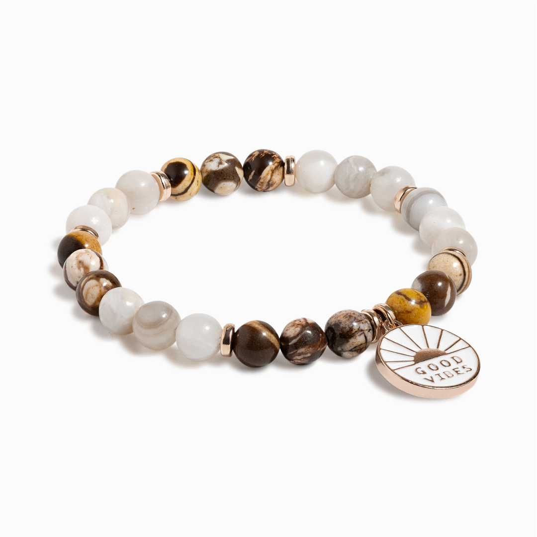 Bamboo Leaf Agate & White Agate 'Good Vibes' Bracelet