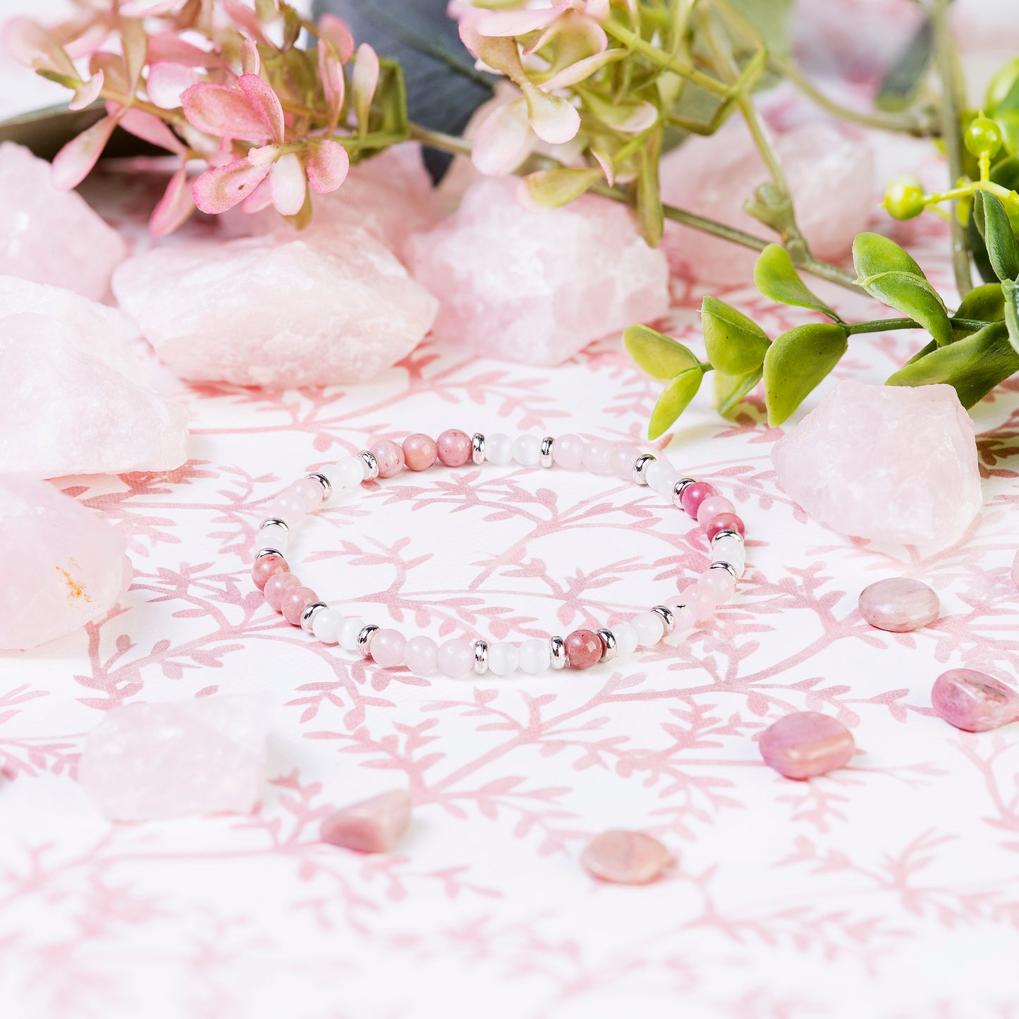 Rhodonite, Rose Quartz & Selenite Mini Gemstone Bracelet